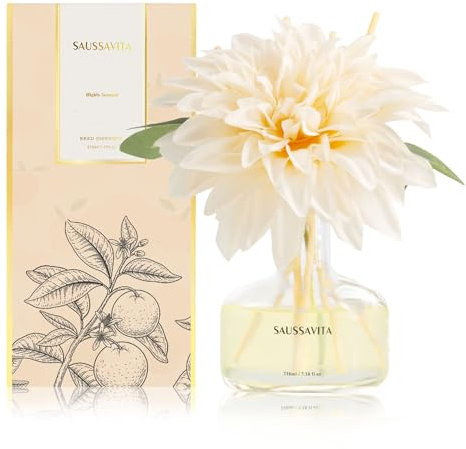 Saussavita Blume Raumduft Diffuser für120 Tage, Aroma Diffuser mit 7 Duftstäbchen, Natürlich, Langanhaltend,Raumdüfte für 210 ml, Lufterfrischer für die Büro und Badezimmer (Zitrus-vitalität)