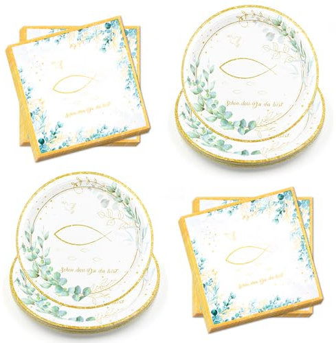 UYOTBKEUB 40 Stück Kommunion Deko Servietten und Pappteller Fisch Eukalyptus, Tischdeko mit Schön dass du da bist für Taufe, Kommunion, Konfirmation und mehr für Jungen Mädchen