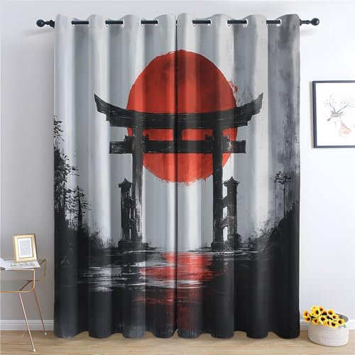 Luxfieo Japanischer Vorhänge Torii Asiatische Vorhang Blickdicht Gardinen 200cm Lang Verdunklungsvorhänge mit Ösen Thermovorhang für Wohnzimmer Schlafzimmer Kinderzimmer Fenster Deko 2er Set Y#430