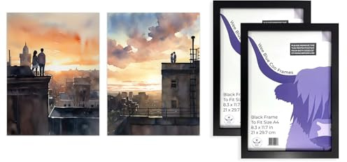 Artery8 Rooftop Romance Wall Art - Set of 2 A4 Sized Art with Black Frames - Watercolour Cityscape Bedroom Décor