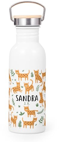 Made in Gift Botella Personalizada para Niños – Diseño Guepardos Animal | 620 ml | Acero Inoxidable Reutilizable con Tapa de Bambú y Asa | Ideal para la Vuelta al Cole