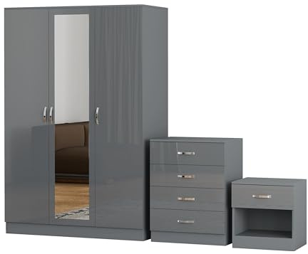Nera Gloss Grey 3 Piece Bedroom Furniture Set 3 Door Mirrored Wardrobe 4 Drawer Chest & Bedside Table