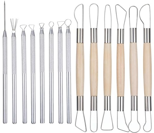 Clay Carving Tools, 14 PCS Pottery Ribbon Sculpting Tools Kit with Feather Wire Texture and Needle Detail Tool, Aluminum Pottery Carving Tool Ceramic Wire Loop Sculpture Set for Modeling Trimming