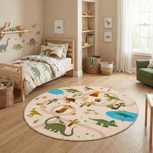 Carpetsale24 Kinderteppich Dinosaurier Spielteppich rund 120 cm für Kinderzimmer in Beige Dino Motiv ideal für kleine Spielecken