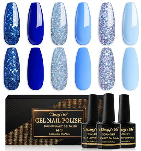 Shining She 6*8ml UV/LED Soak Off Gel Nail Polish Blue Glitter Manicure DIY | 6 Colours SkyBlue Baby Blue Navy and Glitter Blue nail varnish Set for Nail Art Salon DIY at Home