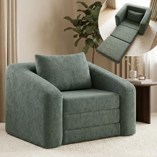 skølm Fjäll Schlafsessel Teddy-Bouclé, Dunkelgrün, mit Kissen, ausklappbar | 119x100x70 cm, Fernsehsessel fürs Wohnzimmer, mit Schlaffunktion, Relaxsessel, vakuumverpackt, ohne Aufbau, Gästesessel