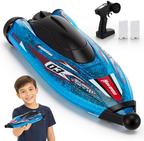 Normodic RC Boat for Kids, High Speed Remote Control Boat for Pools & Lakes | 25KM/H Self Righting Racing Boats with LED Light, 2.4GHz Radio Controlled, 2 Batteries, 30+ Mins, Summer Water Toy Gift