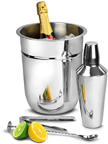 Barman's Cocktail Set with Cocktail Book, Champagne Bucket, Cocktail Shaker, Ice Tongs & Twisted Mixing Spoon | bar@drinkstuff Cocktail Making Set - Ideal for Home Bars