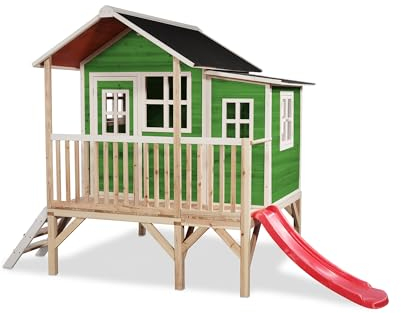 EXIT Toys Loft 350 Holzspielhaus für Draußen mit Rutsche - Gartenhaus aus Holz für Kinder mit wasserdichtem Dach - Einfache Montage - 100% FSC Zedernholz - 322x190x215cm - Grün