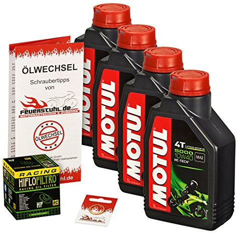 Motul 10W-40 Öl + HiFlo Ölfilter für Suzuki GSR 750 /Z, 11-15, C5 - Ölwechselset inkl. Motoröl, Racing Filter, Dichtring