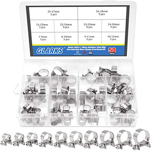 Glarks 50Pcs 7-18mm Stainless Steel Mini Fuel Injection Hose Clamps Adjustable Pipe Hose Clip Tube Clamps Assortment Kit