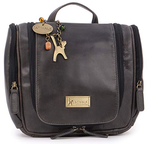 Catwalk Collection Handbags - Damen Antik-Leder Kulturtasche Groß - Kulturbeutel zum Aufhängen - Kosmetiktasche mit Viele Fächer - Maisie - Schwarz