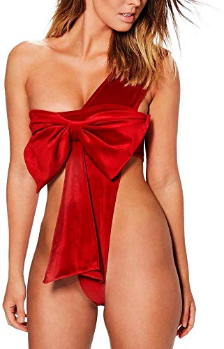 Doublehero Damen Sexy Reizwäsche mit Rot Schleife Bodydoll, Halloween Weihnachten Cosplay Dessous Sets Unterwäsche Babydoll Kostüme Cosplay (S, Rot)