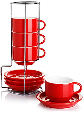 Sweese 404.404 Porzellan Espressotasse und Untertasse 4-Stück Set mit Metallständer, 70 ml Fassungsvermögen, Rot