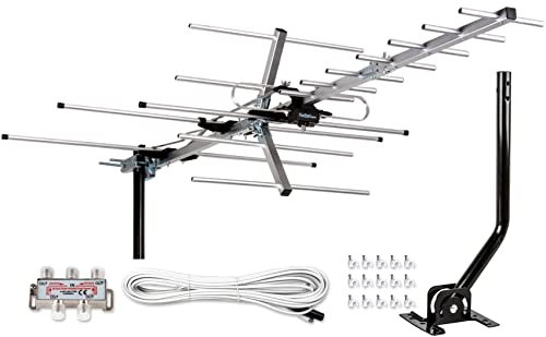 Five Star Yagi Antenne TV Satellite HD Jusqu'à 200 km, Numérique OTA 4K Pour 4 Téléviseurs, Avec Poteau de Montage et Radio/FM