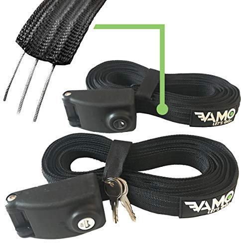 Vamo Premium Locking Tie Downs with 3 Stainless Steel Cables 'No Scratch' Silicone Buckle Surf or SUP Tie Down Straps for Surfboards, Paddle Boards, Kayaks and Canoes (Two Pack) (10')