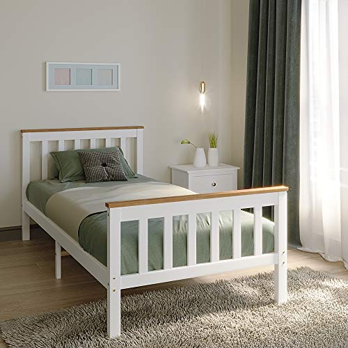 Panana Single Bed Frame, Solid Wood Bed Frame Standard 3ft Single Size White Wooden for Bedroom, White+Wood