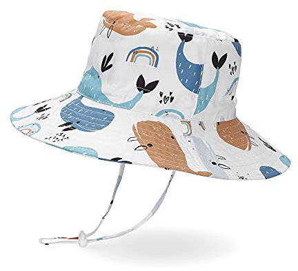 LACOFIA Cappello da Sole per Bambino Cappellino Estivo da Protezione Solare Neonato Berretto da Spiaggia a Tesa Larga con Cinturino sottogola Regolabile Balena Bianca 1-2 Anni