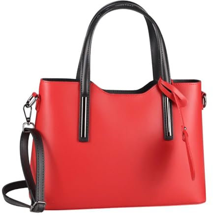 OBC Made IN Italy Damen Echt Leder Tasche Business Shopper Schultertasche Handtasche Ledertasche Umhängetasche Rindsleder Freizeittasche Rot-Schwarz