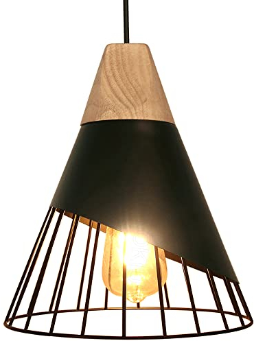 TOKIUS Pendelleuchte Modern Vintage Hängeleuchte Holz Lampenschirm aus Metall E27 Lampenfassung Hängelampe Ø25cm Kreative Deckenleuchte für Schlafzimmer Küche Esszimmer (Schwarz - 1 Stück)
