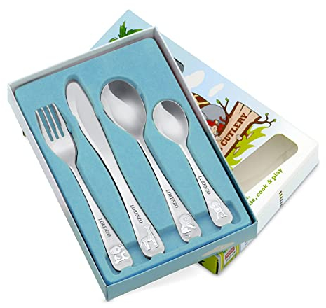 Maverton set di posate per bambini e bambine Animali - 4 pezzi con personalizzazione - acciaio inossidabile - servizio utensili bimbi con leone, giraffa, elefante e scimmietta