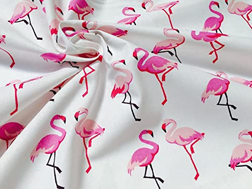 LushFabric Tissu en popeline 100 % coton imprimé flamant rose – 150 cm de large – Blanc (1 mètre)