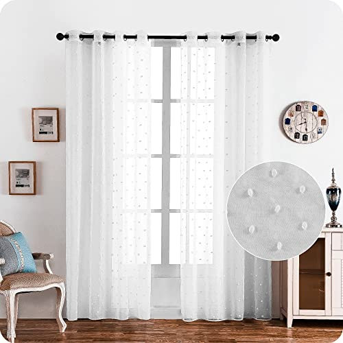 Dalina Textil - Cortina Sálon Dormitorio Translúcida con Diseño de Pompones levantados para Ventana Cocina Comedor de 1 Unidades 140x260cm Blanco
