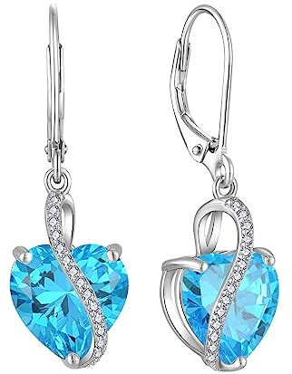 YL Damen Herz Ohrringe 925 Sterling Silber Tropfenohrringe März Geburtsstein Aquamarine Schmuckgeschenke für Mutter Freundin Damen