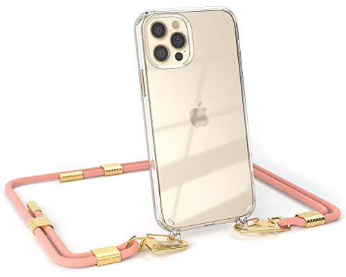 EAZY CASE - kombinierbare Handyketten kompatibel mit iPhone 12/12 Pro, Transparente Silikon-Hülle mit stylischen rundem Umhängeband, abnehmbar durch Karabiner, Handykordel, Korall - Clips Gold