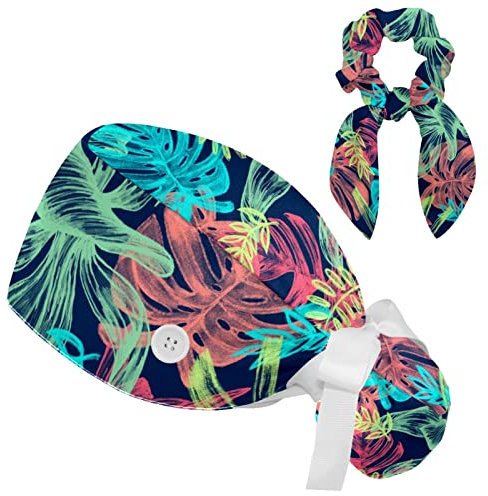 HOHODIY Tropical Plants Blue Green Red Palm Leaves Working Cap with Scrunchy and Ribbon Tie for Women, Long Hair