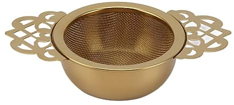 Tea Strainers, Stainless Steel Vintage Lace Design Tea Strainers with Drip Bowl Double Handles Reusable Fine Mesh Tea Filters for Loose Leaf Herbal Kitchen (Gold)