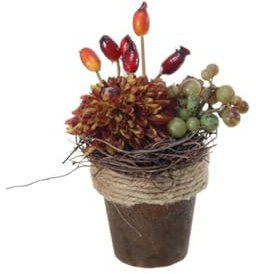 artplants.de Kunst Gesteck Dahlie, Hagebutten, Trauben MUSAN, Dekotopf, rot-orange-grün, 10cm, Ø7cm - Künstliches Blumenarrangement
