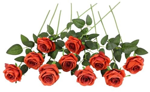 JUSTOYOU, 10 rose artificiali marroni, bouquet realistico, rose finte a stelo singolo, per casa, feste, matrimoni, bouquet (arancione bruciato)
