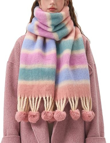 aromm Femme Longue Rayée Écharpe Hiver Chaud Châle Wrap Lady Foulards avec Pompons Rose Bleu