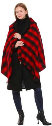 Billy Börg Damen-Winterschal, karierter Deckenschal, Damen-Tartan-Schal, karierter Schal, Streifen, karierter Schal, Fransen-Poncho (Rot/Schwarz)