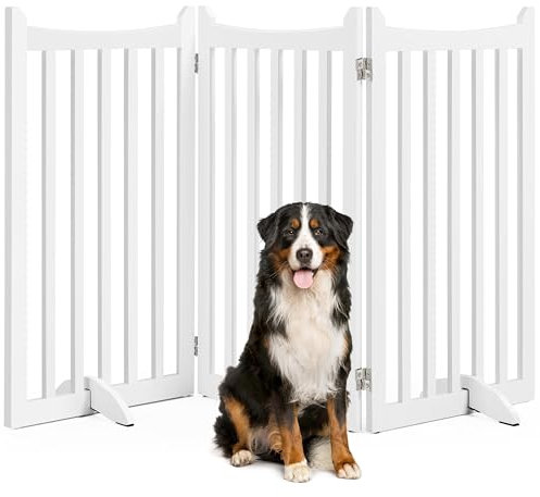 Yaheetech Freestanding Pet Gate Indoor 3-Panel Wooden Dog Gates for Small Medium Dogs, Foldable Puppy Fence with 2 Support Feet,Pets Door for Doorways/Stairs/Halls/Kitchen (White,91cm H X 152cm L)
