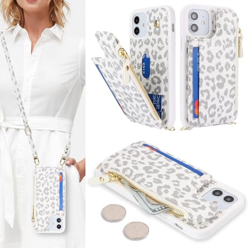 SailorTech Handyhülle für iPhone 12 Etui mit Kartenfach, iPhone 12 Pro Hülle mit Verstellbarer Halskette, iPhone 12/12 Pro Handytasche mit Reißverschluss Geldbörse - Weißer Leopard