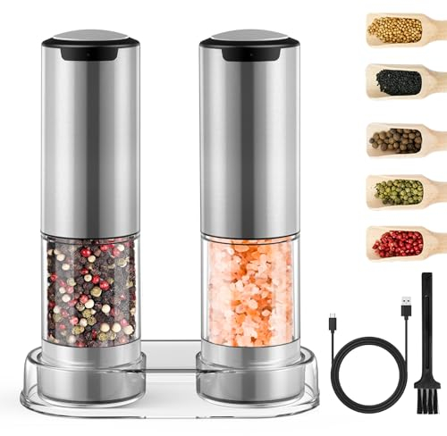 Moulins à Poivre Électriques en Acier Inoxydable Rechargeables avec Lumière LED, Grossièreté Réglable, Grande Capacité 95ml, Moulin à Sel et Poivre Automatique pour Cuisine, Restaurant, Extérieur