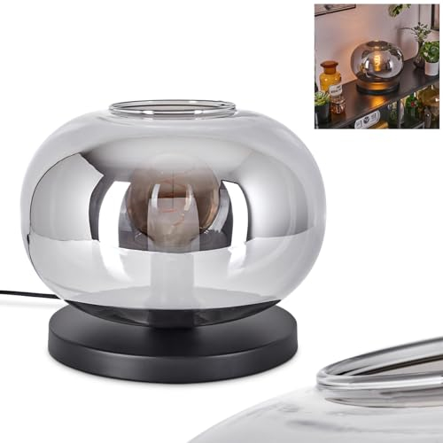 Tischleuchte Apedo, Tischlampe aus Metall/Glas in Schwarz/Rauchfarben, Leuchte im modernen Retro/Vintage-Design mit Schirm aus Glas (Ø 30 cm) u. An/-Auschalter am Kabel, 1 x E27, ohne Leuchtmittel