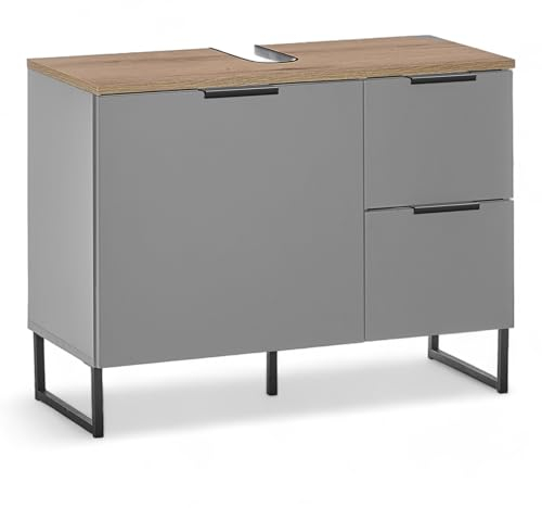 Stella Trading DENVER Badezimmer Waschbeckenunterschrank in Grau / Evoke Eiche Optik FSC-zertifiziert - Bad Unterschrank Badezimmerschrank mit viel Stauraum - 80 x 60 x 35 cm (B/H/T)