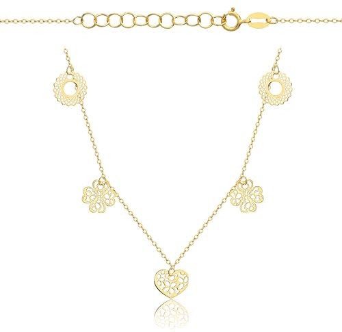 Rodium - Goldkette Damen 585 Echtgold 42/45 cm Länge, Halskette Damen Gold, Kette Gold mit 5 Anhängern - 1x Herz, 2x Kleeblat, 2x Rad, Necklace Gewicht 1.25g