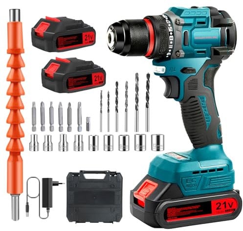 Brushless Avvitatore a Batteria 21V, Trapano Avvitatore Batteria, Trapano Avvitatore a Percussione Batteria, Avvitatore a Impulsi a Batteria, Avvitatore Elettrico, 24 Accessori, 2*2.0Ah
