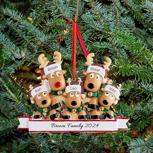 Personalisierte Familien-Weihnachtsschmuck 2024, personalisierte Weihnachtskugeln mit 2, 3, 4, 5, 6, 7, 8 Familienmitglieder-Namen, personalisierbare Weihnachts-Rentier-Dekoration, Geschenke für