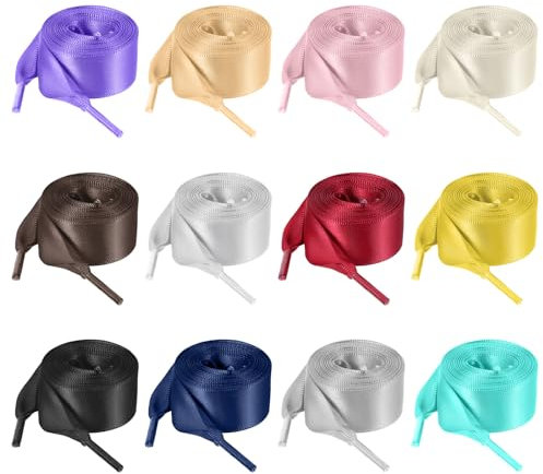 COMNICO 12 pares de cordones planos de satén de 47 pulgadas de ancho, coloridos cordones de satén de seda para tenis, zapatos de patinaje, botas, zapatos deportivos (12 colores)