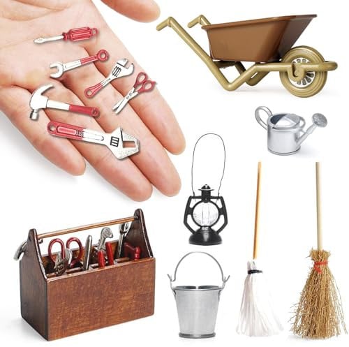 Wichtel Zubehör,13 Stück Mini Wichtel Werkzeugkasten mit Werkzeug,Wichtel Werkzeug Set,Wichtel Baustelle,Miniatur Spielzeug für 1:12 Puppenhaus Zubehör Weihnachten
