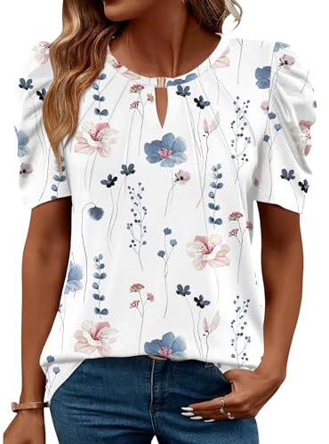 iWoo Womens Casual Short Sleeve T-Shirts Crew Neck Pleated Tops Floral Printed Fashion Dressy Tunic Blouses White Floral M