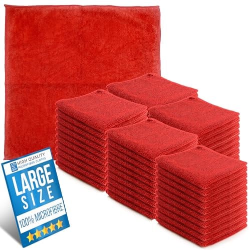 Microfiber Cleaning Cloth, Large Size 40x40cm, Super Absorbent Lint Free Microfibre Cloths Cleaning for Home, Kitchen, Surface, Mirrors, Bathrooms, Motorbike, Car (50, Red)