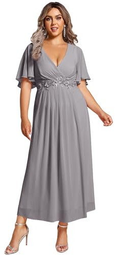 Ever-Pretty Plus Size Women's Breathable Wedding Guest Dress Short Cap Sleeves with Delicate Applique Elegant Mother of The Bride Outfits Grey 20UK