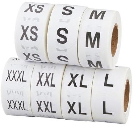 SUPERFINDINGS 7000Pcs 7Styles Etiquettes de taille pour vêtements Etiquettes rondes autocollantes 14 rouleaux XS/S/M/L/XL/2XL/3XL Etiquette transparentes pour vêtements Pour Tissus T-Shirts Pantalons