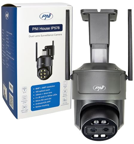 PNI Telecamera di videosorveglianza IP578 con Wi-Fi, PTZ, doppia lente 8MP + 8MP, zoom ottico 10X